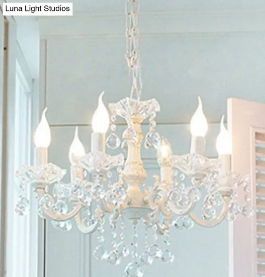 Decorbites rustic metal candle suspension lamp in white with crystal draping and candle-style bulbs for corridor lighting