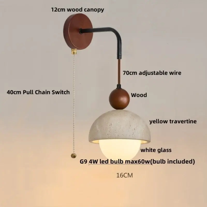 Rustic white concrete and wood wall light fixture with a 12cm wood canopy, black metal arm, and yellow travertine dome shade