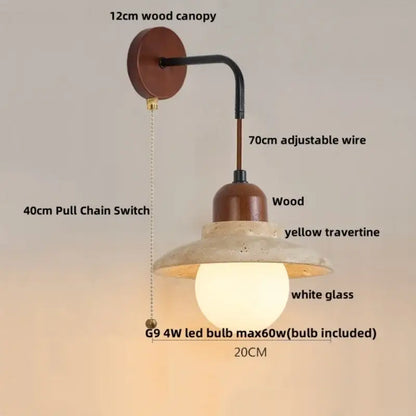 Rustic white concrete and wood wall light fixture with 12cm wood canopy, adjustable black wire arm, and yellow travertine shade