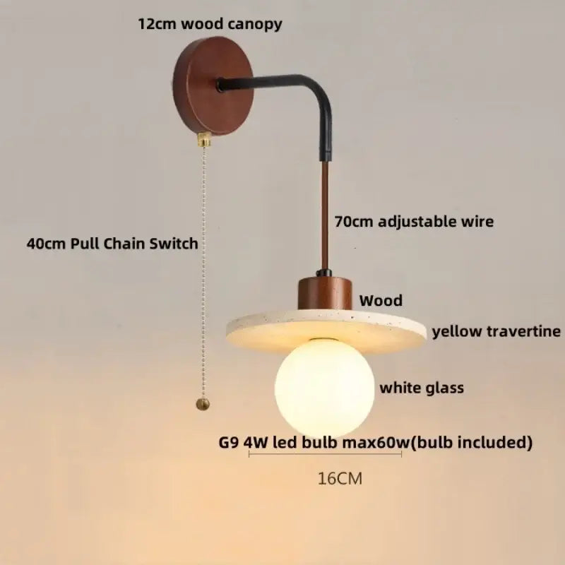 Rustic white concrete and wood wall light fixture with 12cm wood canopy, adjustable black arm, yellow travertine disc, and white globe