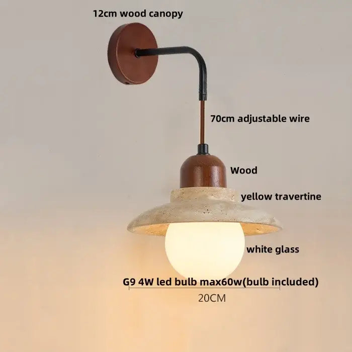 Rustic white concrete and wood wall light fixture with 12cm wood canopy, adjustable black wire, and yellow travertine shade
