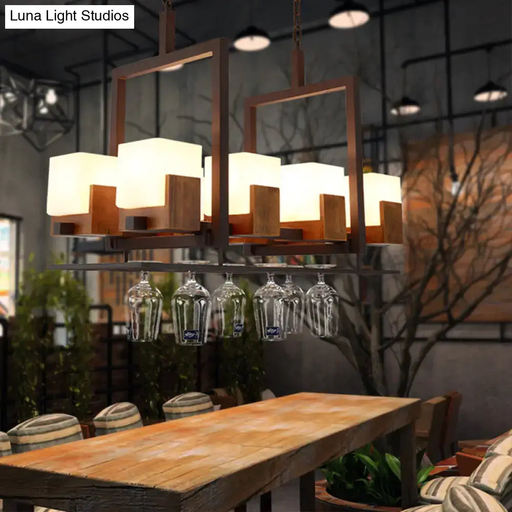 Modern rectangular rustic white glass restaurant island light with warm frosted shades and integrated wine glasses holders