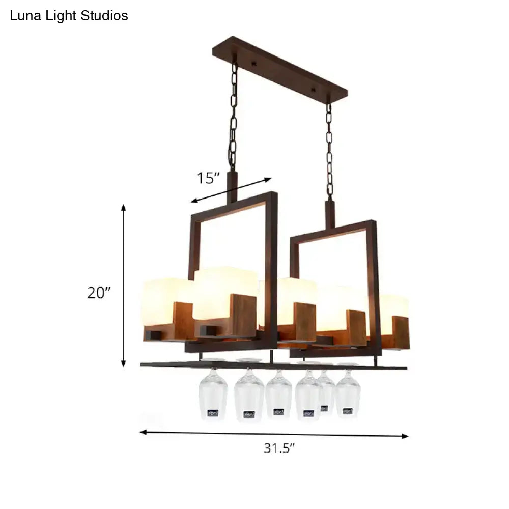Modern rectangular restaurant island light with rustic white glass shades, dark wood frame, and integrated wine glasses holders