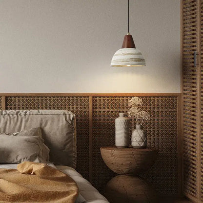 Rustic white and wood ceramic wood led pendant light with conical wooden top and striped ceramic shade for kitchen decorbites