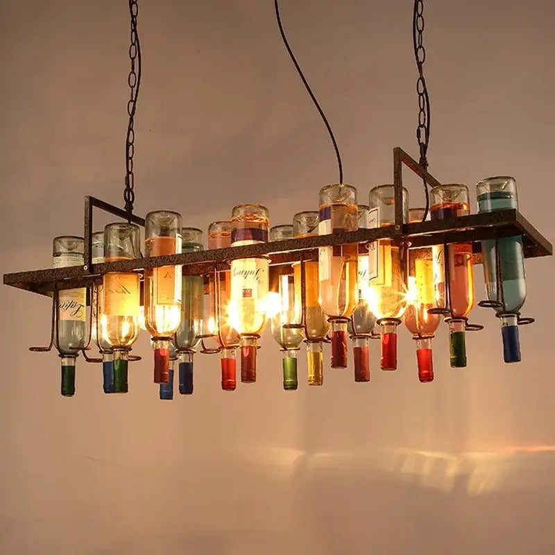 Rustic wine bottle iron led pendant chandelier with colorful repurposed bottles and dark metal chains for kitchen bar decorbites iron led