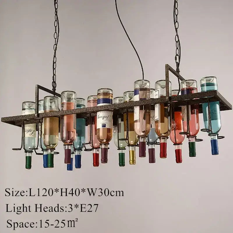 Rustic wine bottle iron led pendant chandelier featuring colorful glass bottles suspended by chains for kitchen bar decorbites iron led