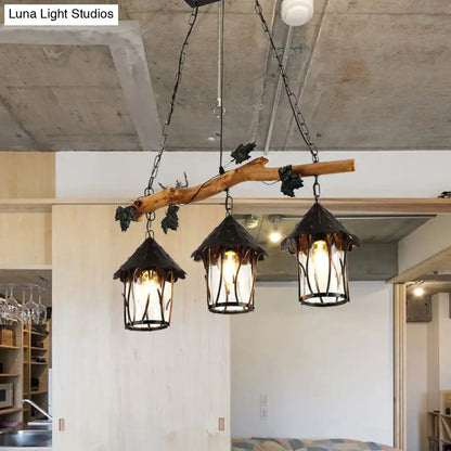 Rustic wooden branch chandelier with three black metal lanterns and leaf accents decorative e26 e27 light fixture ceiling light