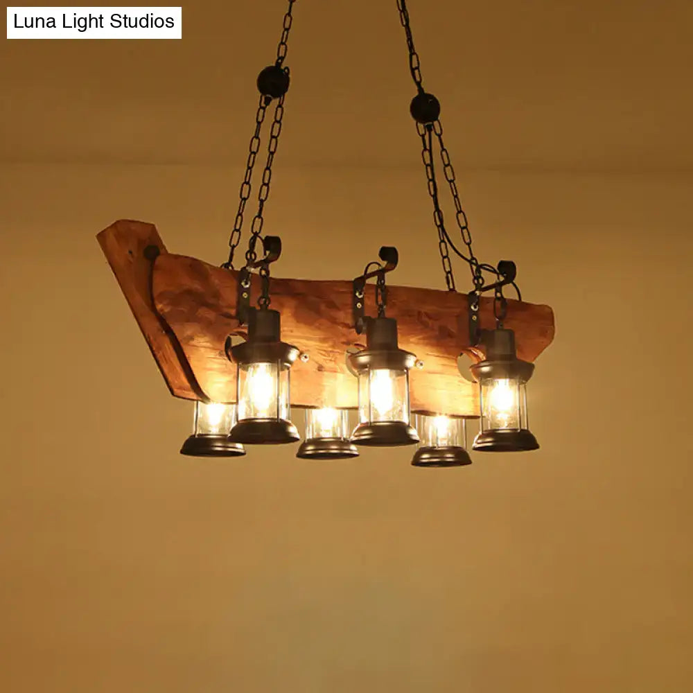 DecorBites™ farmhouse brown lantern pendant lamp with clear glass, wooden beams, and black metal chains in rustic design