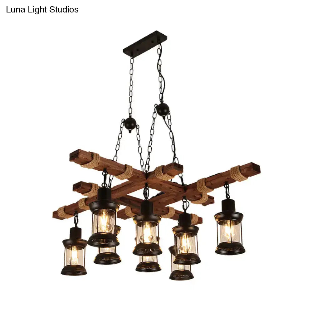 Rustic farmhouse brown lantern pendant lamp with clear glass wood arms black metal lanterns and rope accents