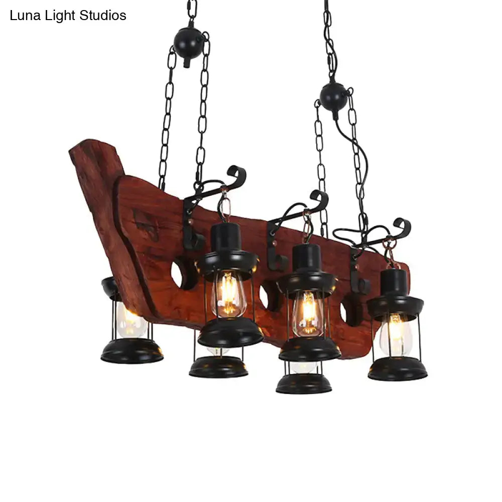 Rustic farmhouse brown lantern pendant lamp with wooden boat-shaped design clear glass and black metal lanterns