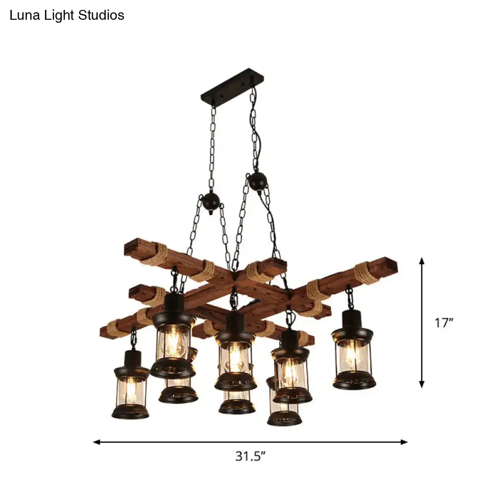 Rustic wooden lantern pendant lamp with dark metal lanterns, rope accents, and clear glass by DecorBites™