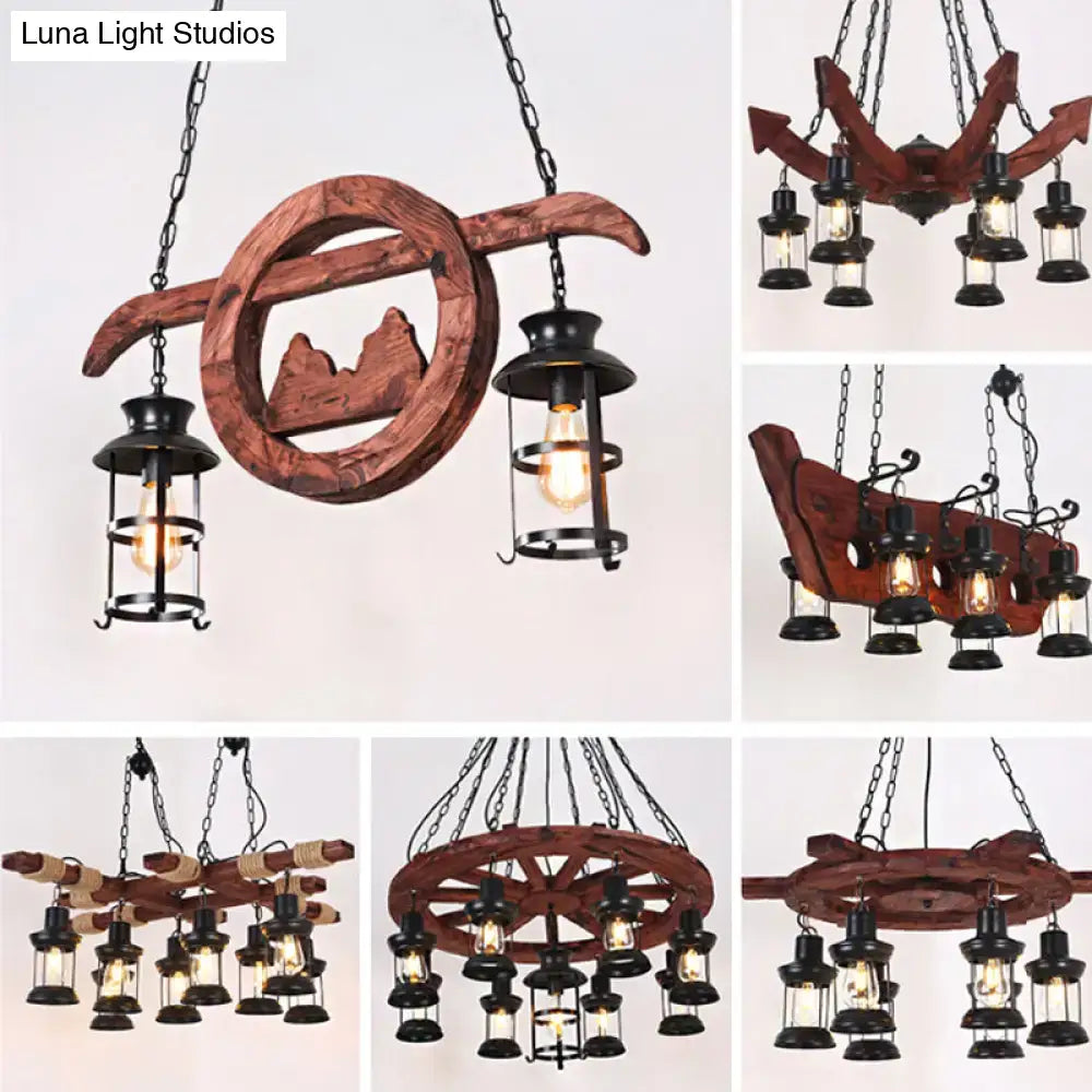 Rustic farmhouse brown wooden chandelier with black metal lantern pendant lamps and clear glass design with chains