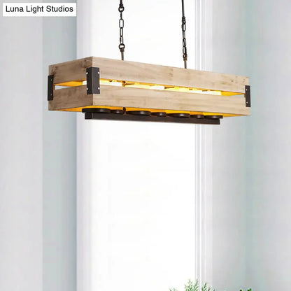 Decorbites rustic rectangular wood island pendant with black metal accents and chains dining room hanging lamp in brown
