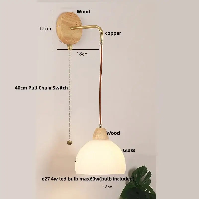 Rustic wall light with natural wood base, copper arm, clear glass dome, and pull chain switch with wooden finial