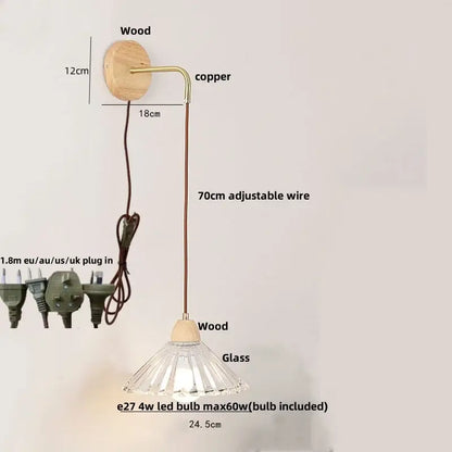 Rustic wood and brass wall light with natural wood base copper arm clear glass shade and pull chain switch with led bulb