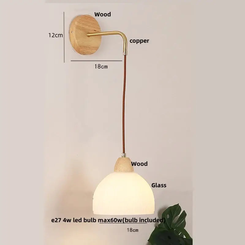 Minimalist wall light with natural wood base, copper joints, frosted glass dome, and clear glass pull chain switch