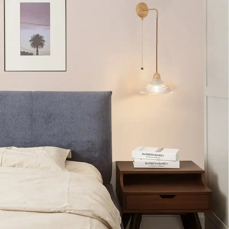 Rustic wall light with wooden base, brass arm, clear glass shade, and pull chain switch for warm lighting