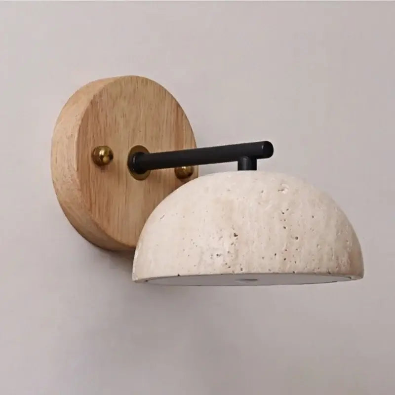 Rustic wood and concrete canopy led wall light with light concrete dome and black metal arm for bedroom decorbites canopy led