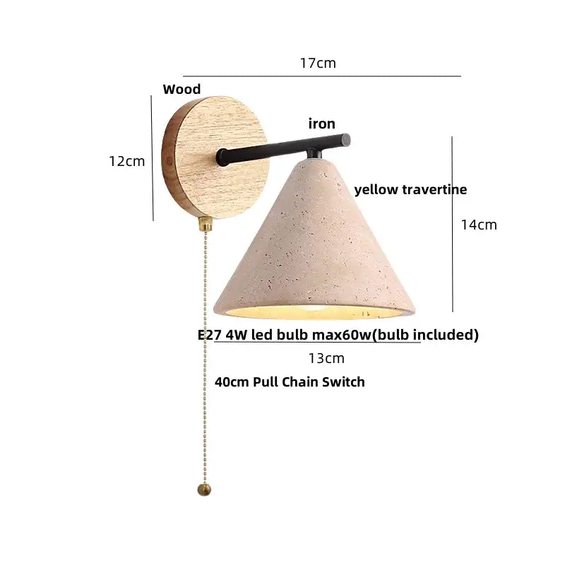 Rustic wood and concrete canopy led wall light with circular wood backplate black iron arm and yellow travertine shade