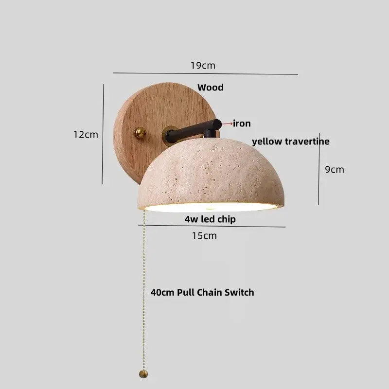 Rustic wood and concrete decorbites canopy led wall light with yellow travertine shade and 40cm pull chain switch