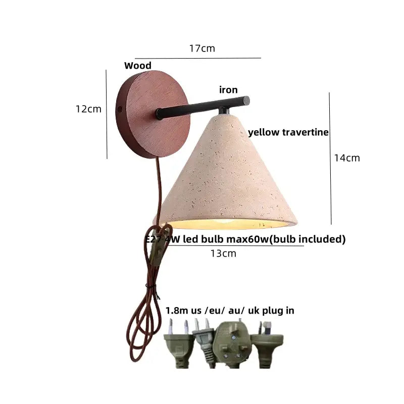Rustic wood and concrete canopy led wall light with circular wood backplate and yellow travertine shade for bedroom decorbites canopy led