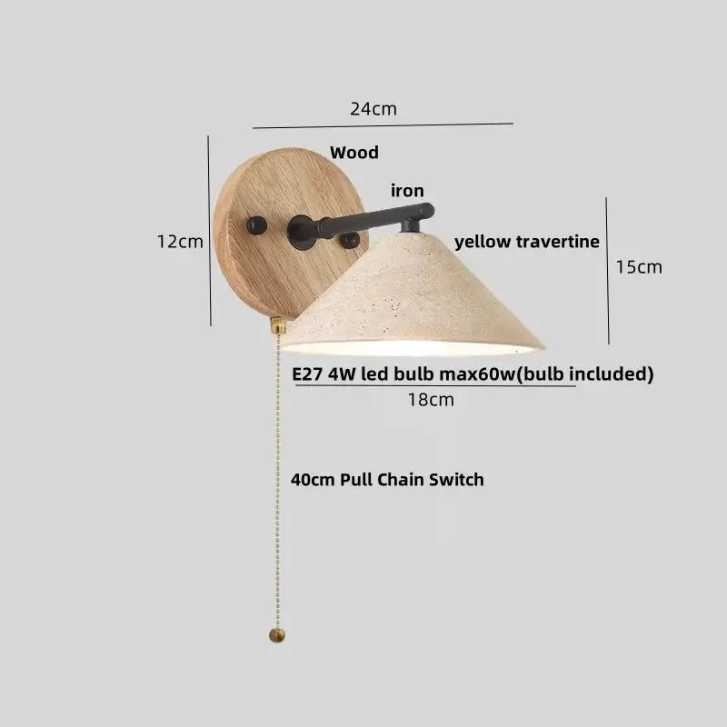 Rustic wood and concrete canopy led wall light with round wood backplate black iron arm and yellow travertine shade