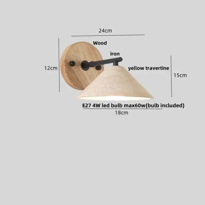 Rustic wall light with round wood backplate black iron arm and yellow travertine stone shade decorbites canopy led wall