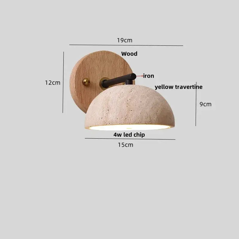 Rustic wood and concrete canopy led wall light with round wood backplate black iron arm and yellow travertine shade decorbites canopy led