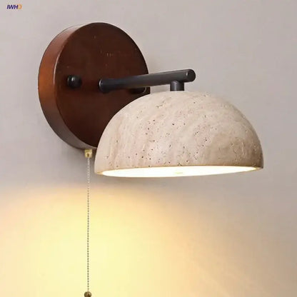 Rustic wood and concrete canopy led wall light featuring warm wooden backplate and off-white concrete dome shade for bedroom decorbites canopy led wall