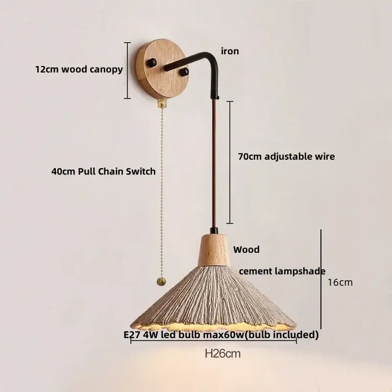 Rustic wood and gray wall light fixture with 12cm wooden canopy, black iron arm, and conical wood cement shade