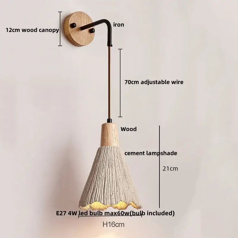 Rustic wood and gray wall light fixture with wooden canopy black iron arm and textured cement shade bedroom sconce