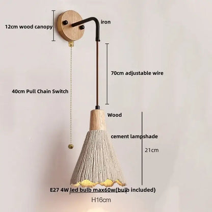 Rustic wood and gray wall light fixture with wooden canopy black iron arm and adjustable wire for bedroom use