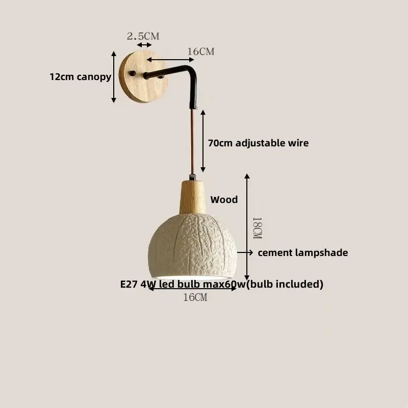 Rustic wood and gray wall light fixture with off-white cement shade, wooden accents, and adjustable black wire arm with pull chain