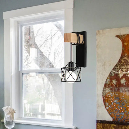 Black metal geometric pendant light with wooden accent and exposed bulb for rustic wood and iron wall sconce decorbites loft american