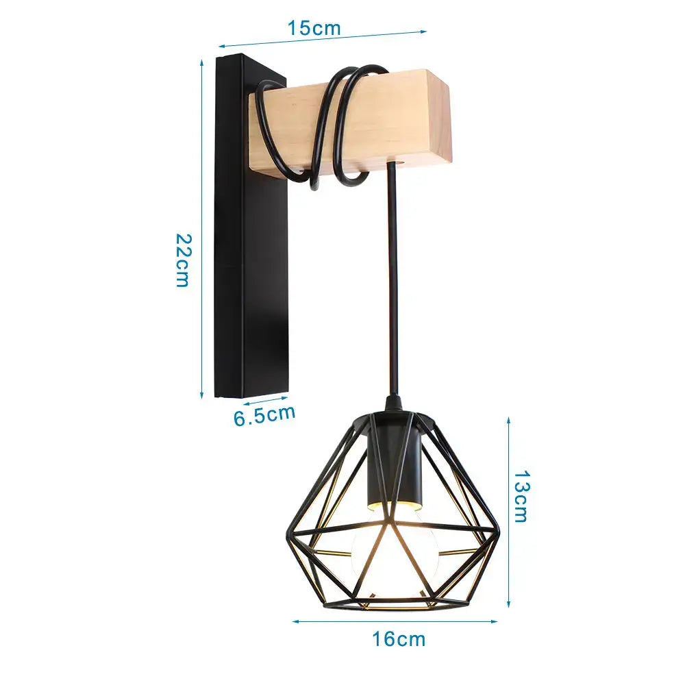 Black metal geometric wall sconce with wooden mounting block rustic wood and iron decorbites loft american style