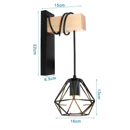 Black metal geometric wall sconce with wooden mounting block rustic wood and iron decorbites loft american style