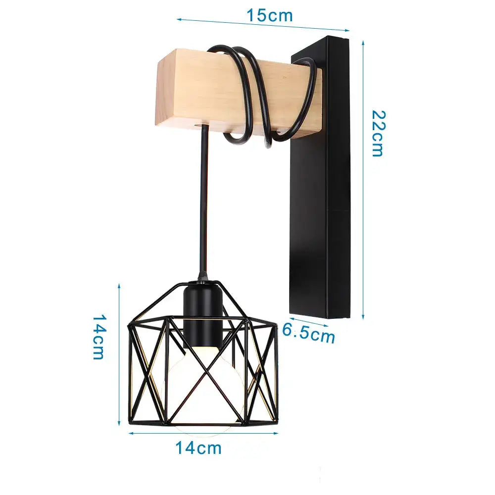 Black metal geometric wall sconce with wooden mounting block and coiled cord by decorbites loft american iron