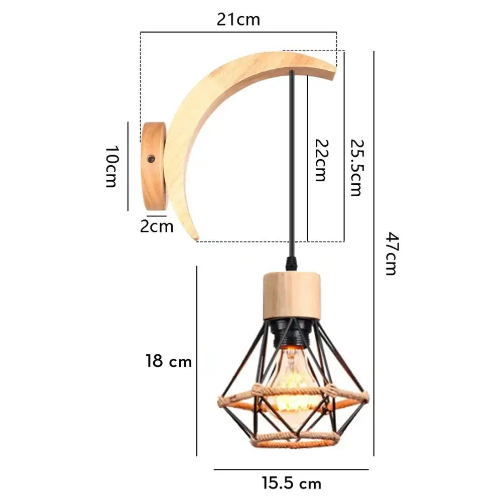 A rustic wood and iron wall sconce with a crescent moon shape cage guard light for decorbites loft american bedrooms