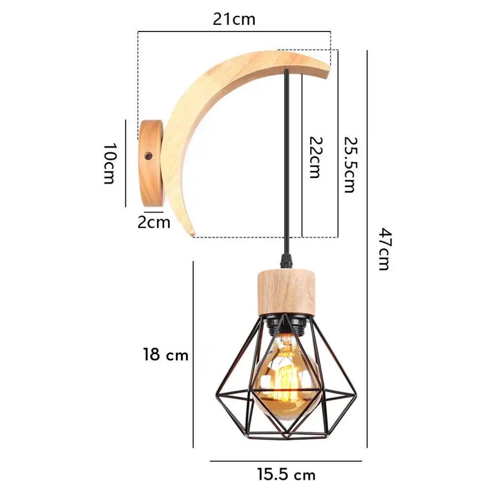 Rustic crescent moon-shaped wooden wall sconce with black loft american iron cage and exposed filament bulb for decorbites loft american