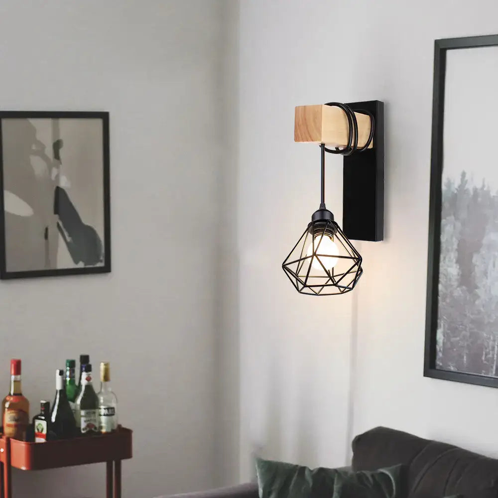 Rustic wood and iron wall sconce with black metal geometric cage wooden block accent for decorbites loft american use