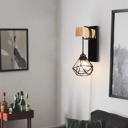 Rustic wood and iron wall sconce with black metal geometric cage wooden block accent for decorbites loft american use