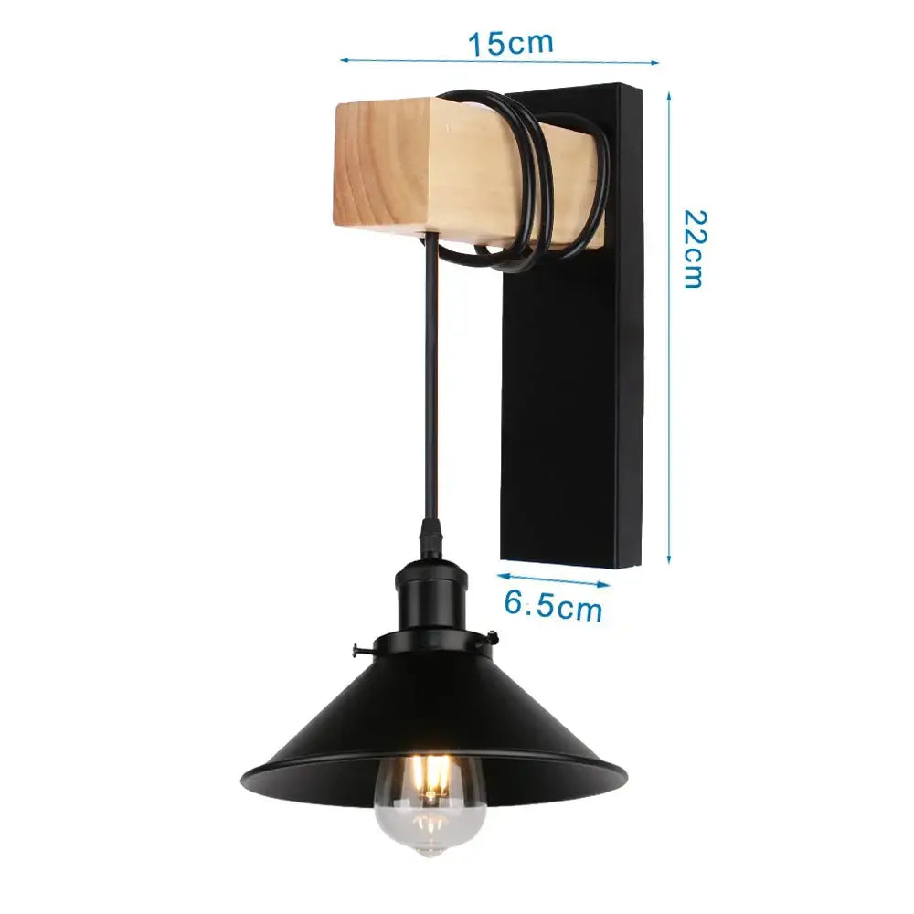 Rustic wood and iron wall sconce with black metal frame wooden accent and conical shade by decorbites loft american