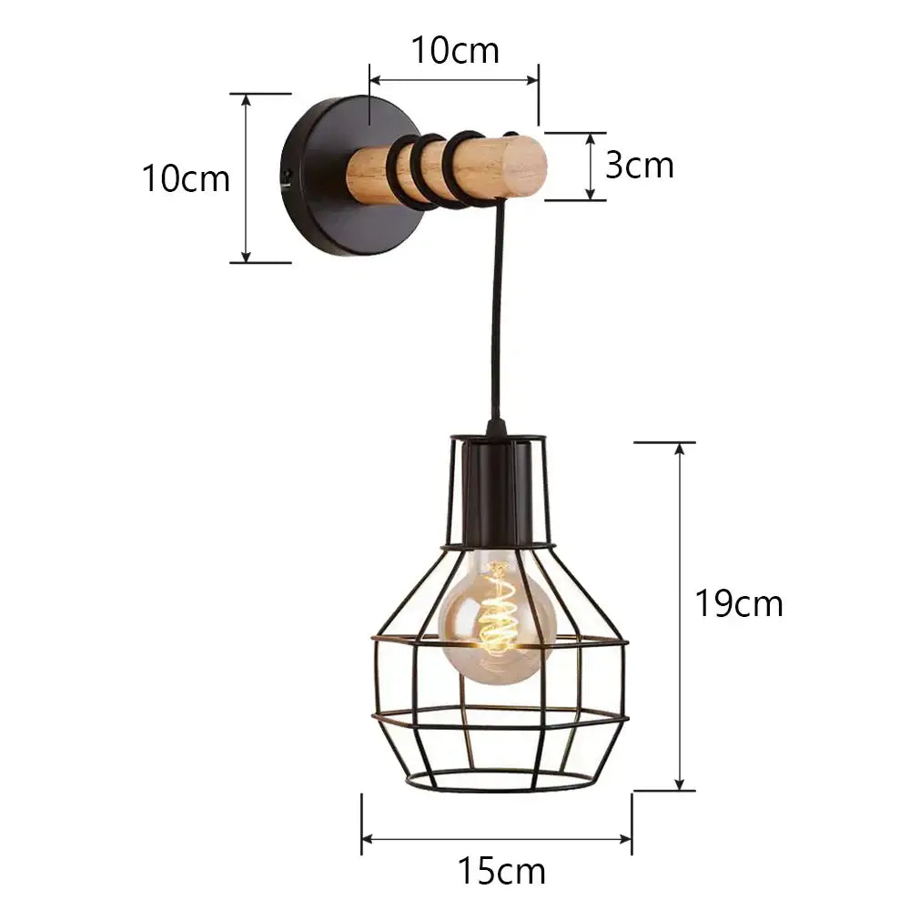 Rustic wood and iron wall sconce with black metal cage and wooden handle by decorbites loft american iron for bedroom decor