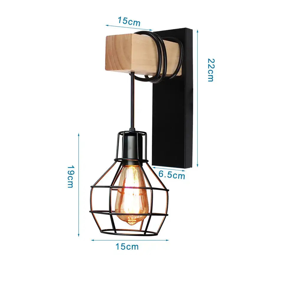 Rustic wood and iron wall sconce with black metal cage and exposed bulb on wooden block decorbites loft american iron