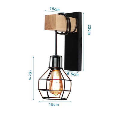Rustic wood and iron wall sconce with black metal cage and exposed bulb on wooden block decorbites loft american iron
