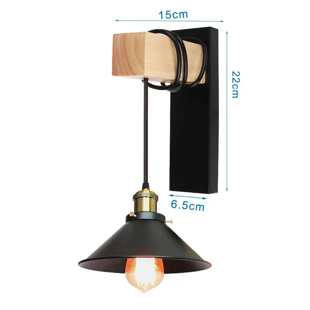 Rustic wood and iron wall sconce with black metal shade and brass base for decorbites loft american iron decor