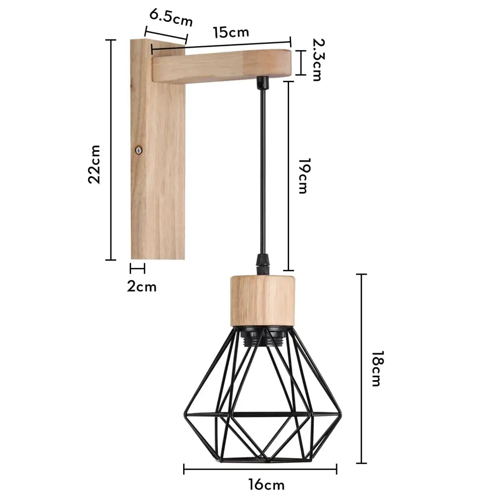 Minimalist black metal geometric wall sconce with natural wood bracket and shade for decorbites loft american iron decor
