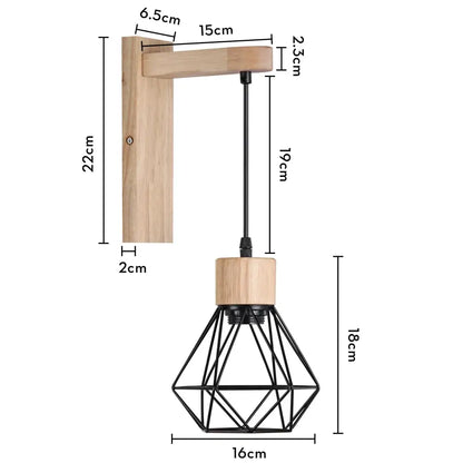Minimalist black metal geometric wall sconce with natural wood bracket and shade for decorbites loft american iron decor