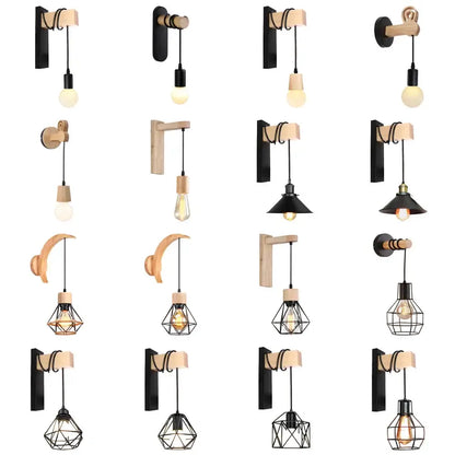 Rustic wood and iron wall sconce with black metal accents and exposed bulbs for bedroom decorbites loft american style