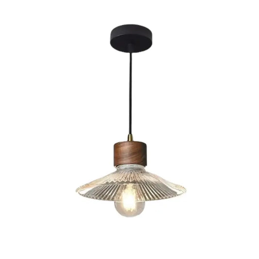 Rustic wood and ribbed glass led pendant light with black ceiling mount for dining room use